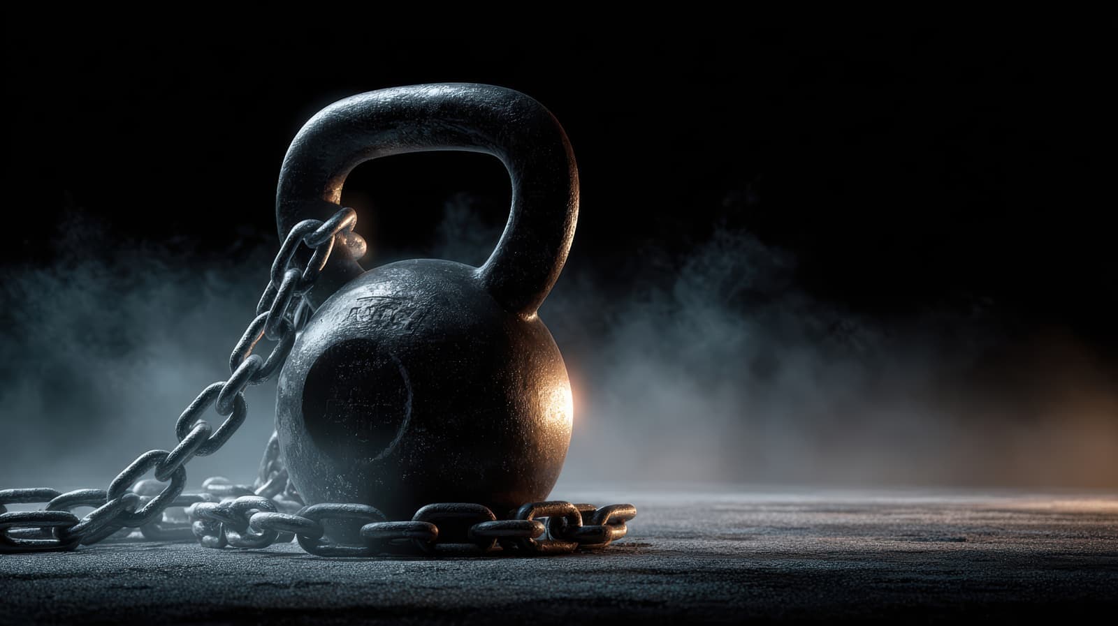 Illustration, un kettlebell et une chaîne posés au sol d'une salle sombre